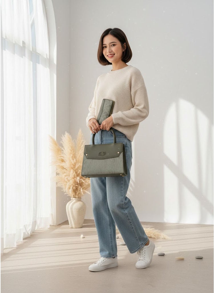 FUMES Army green Women’s Satchel Handbag with Matching Small Wallet – Structured Design, Solid Textured Finish, Elegant Office & Daily Carry Bag - Image 5